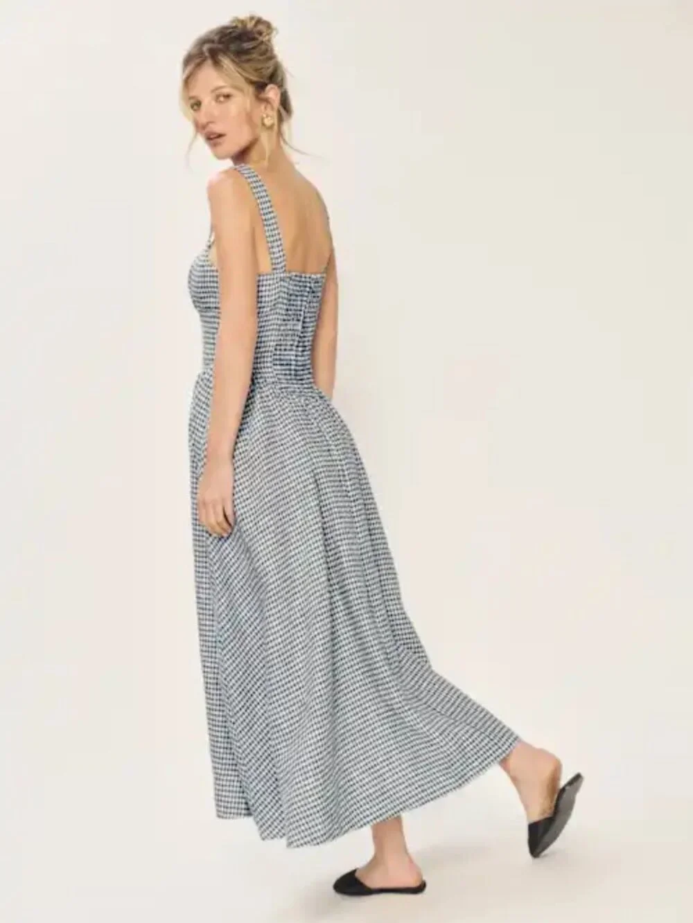 Reformation Balia Linen Dress in Slate Check - Picture 3 of 8
